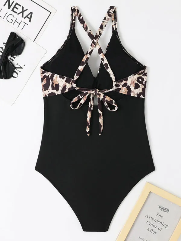 Women's Sexy Black And Leopard Print One Piece Swimsuit With Front Cut Out Detail