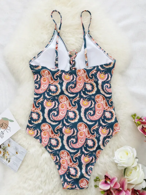 Women's Tropical Print Swimsuit With Front Tassels