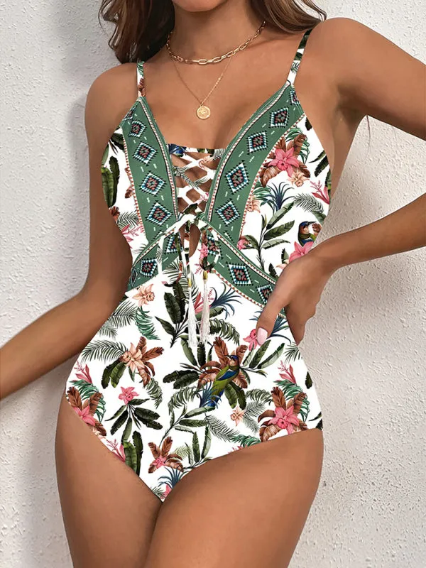 Women's Tropical Print Swimsuit With Front Tassels