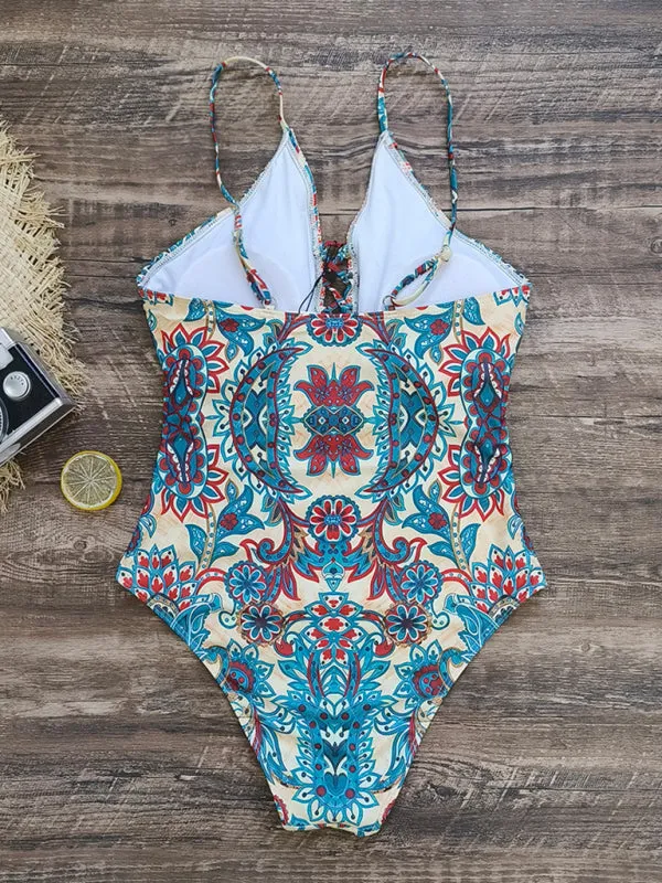 Women's Tropical Print Swimsuit With Front Tassels