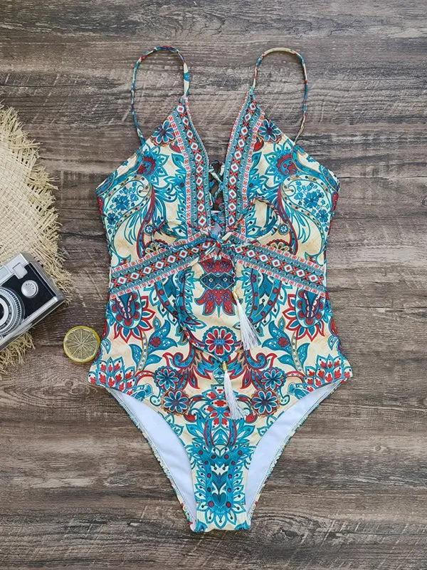 Women's Tropical Print Swimsuit With Front Tassels