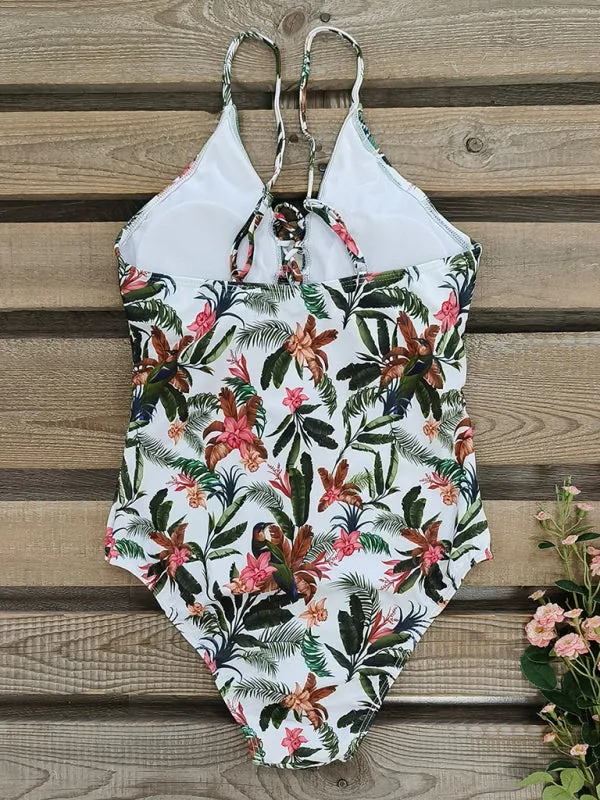 Women's Tropical Print Swimsuit With Front Tassels