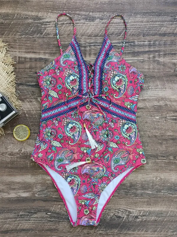 Women's Tropical Print Swimsuit With Front Tassels