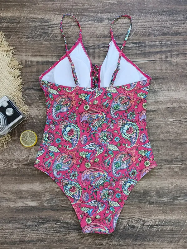 Women's Tropical Print Swimsuit With Front Tassels