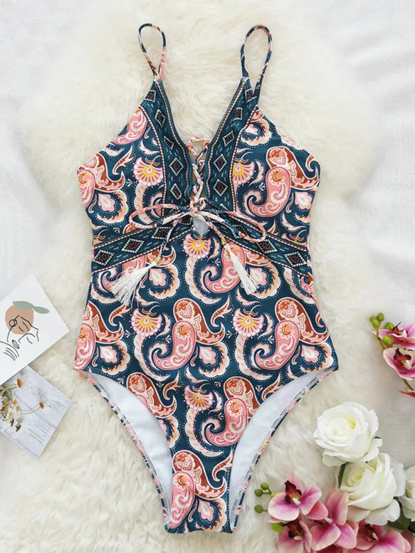 Women's Tropical Print Swimsuit With Front Tassels