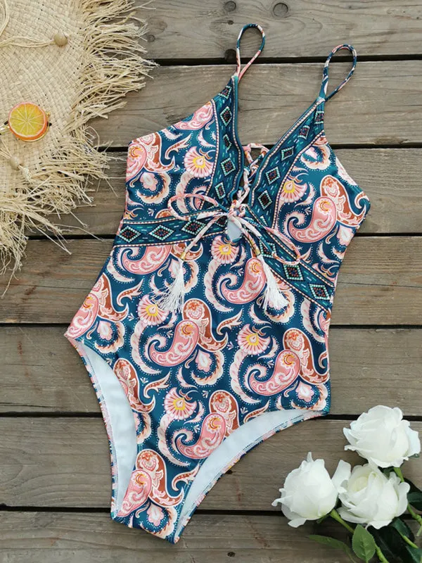 Women's Tropical Print Swimsuit With Front Tassels