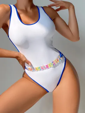 Women's White Swimsuit With Colourful Attached Belt